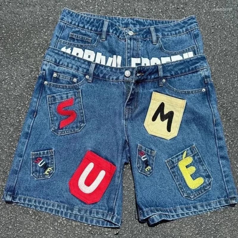 Men's Jeans Deeptown Vintage Letter Graphic Women Man Short Y2k Hip Hop Double Waisted American Style Jorts Baggy