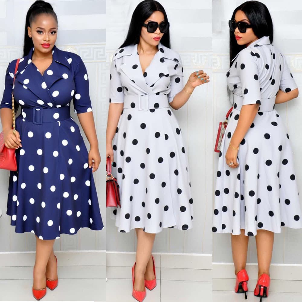 Women's Dress Suit Collar Polka Dot Mid-sleeve Splicing Large Size Large Hem Wide Belt Dress