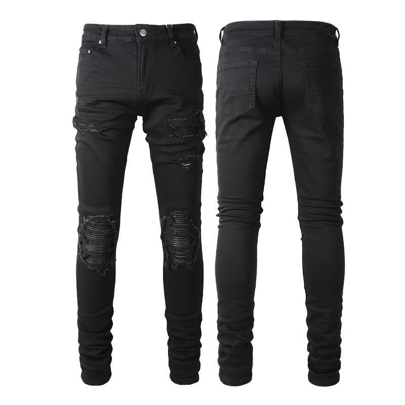 Men's clothing pleated cat whisker patch jeans ripped jeans simple slim fit skinny pants