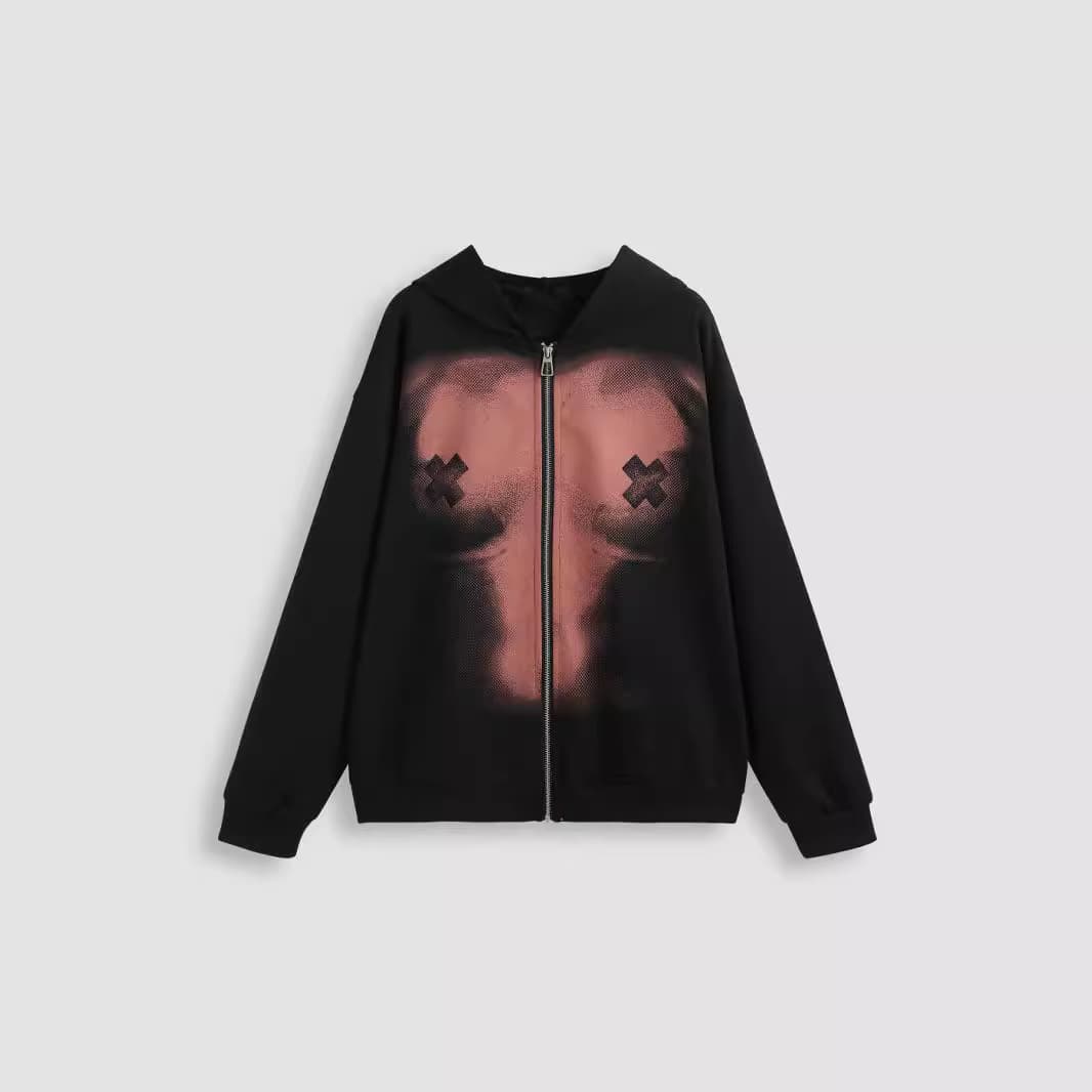 Men's Clothing spoof street hip hop cartoon print hoodie loose zipper sweater