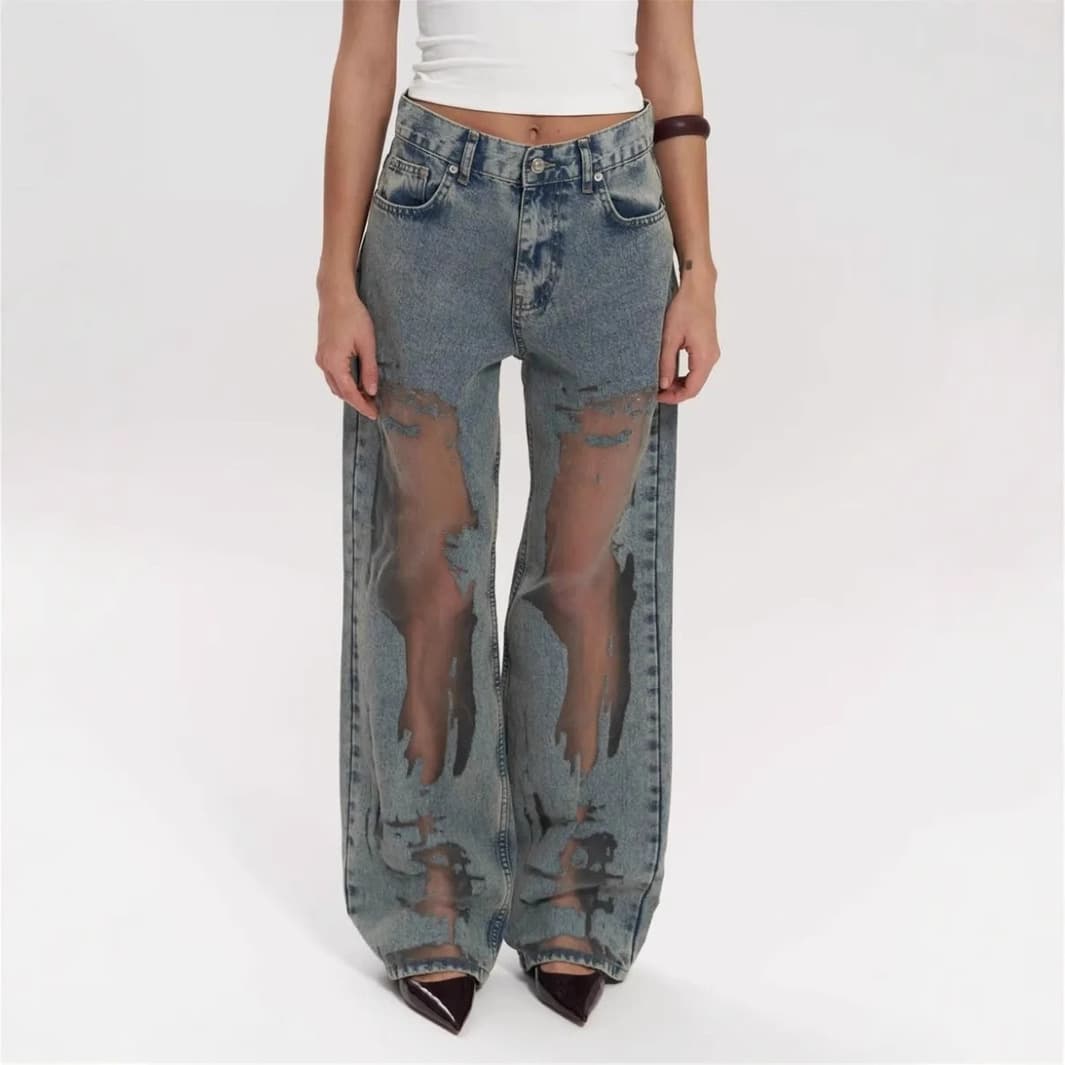 Women's Clothing Retro Straight Pants Hollow Texture Niche Design Gradient Jeans Loose Wide Leg Trousers Ins