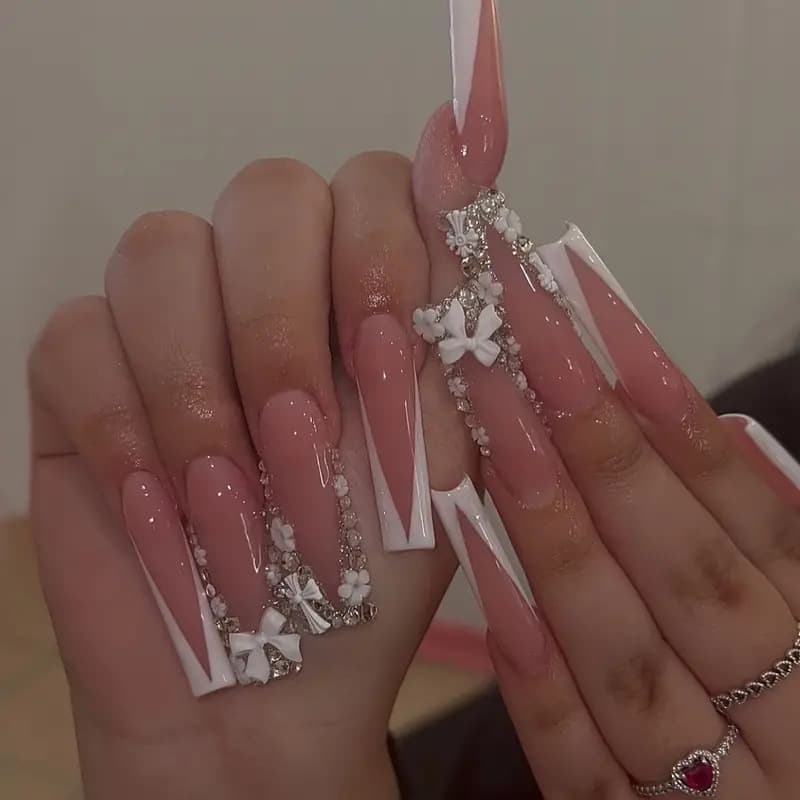 Wearable Nails Sweet Cool Flower Burst Diamond Nail Art European Square Long False Nails Finished Product
