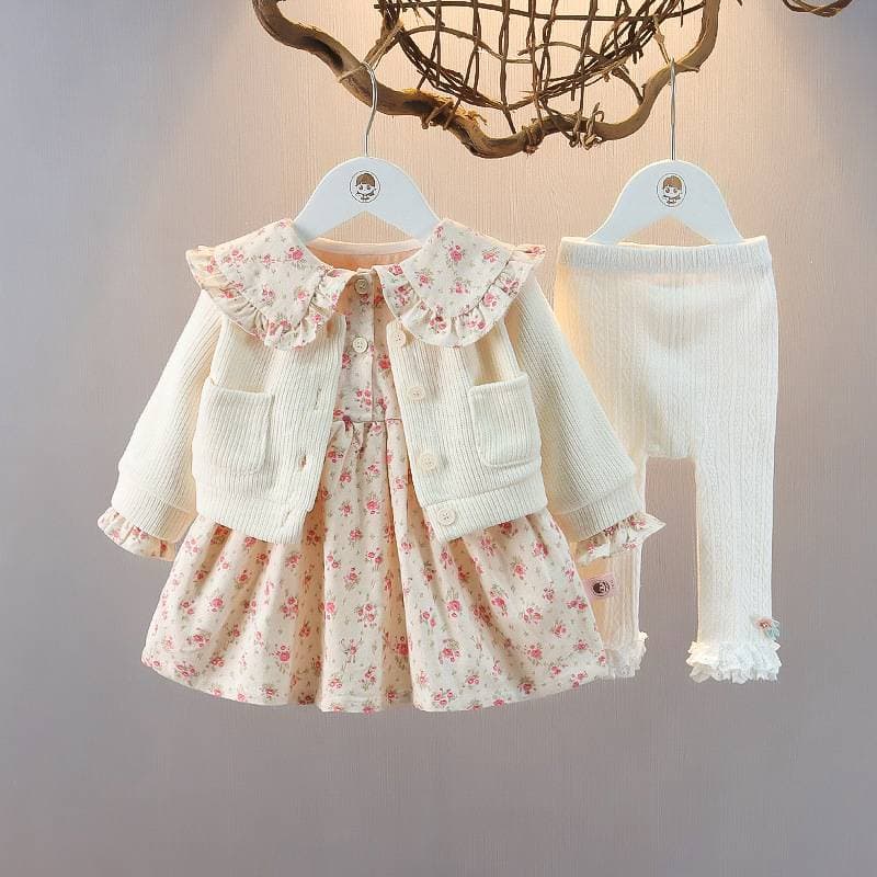 Children's clothing plus fleece floral skirt children's two-piece winter dress new warm children's dress set