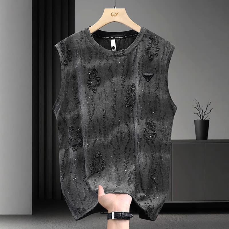 T-shirt sans manches à col rond, coupe ample et tendance pour homme, style décontracté et déchiré, idéal pour l'été.