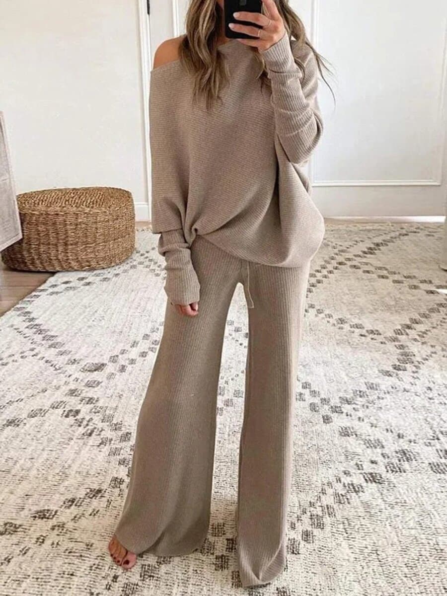 Women's solid color round neck long sleeve casual two-piece suit