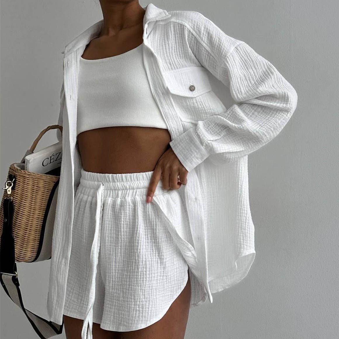 [Cotton Linen] Women's Clothing New Arrival Lapel Loose Shirt High Waist Shorts Two-piece Fashion Casual Suit