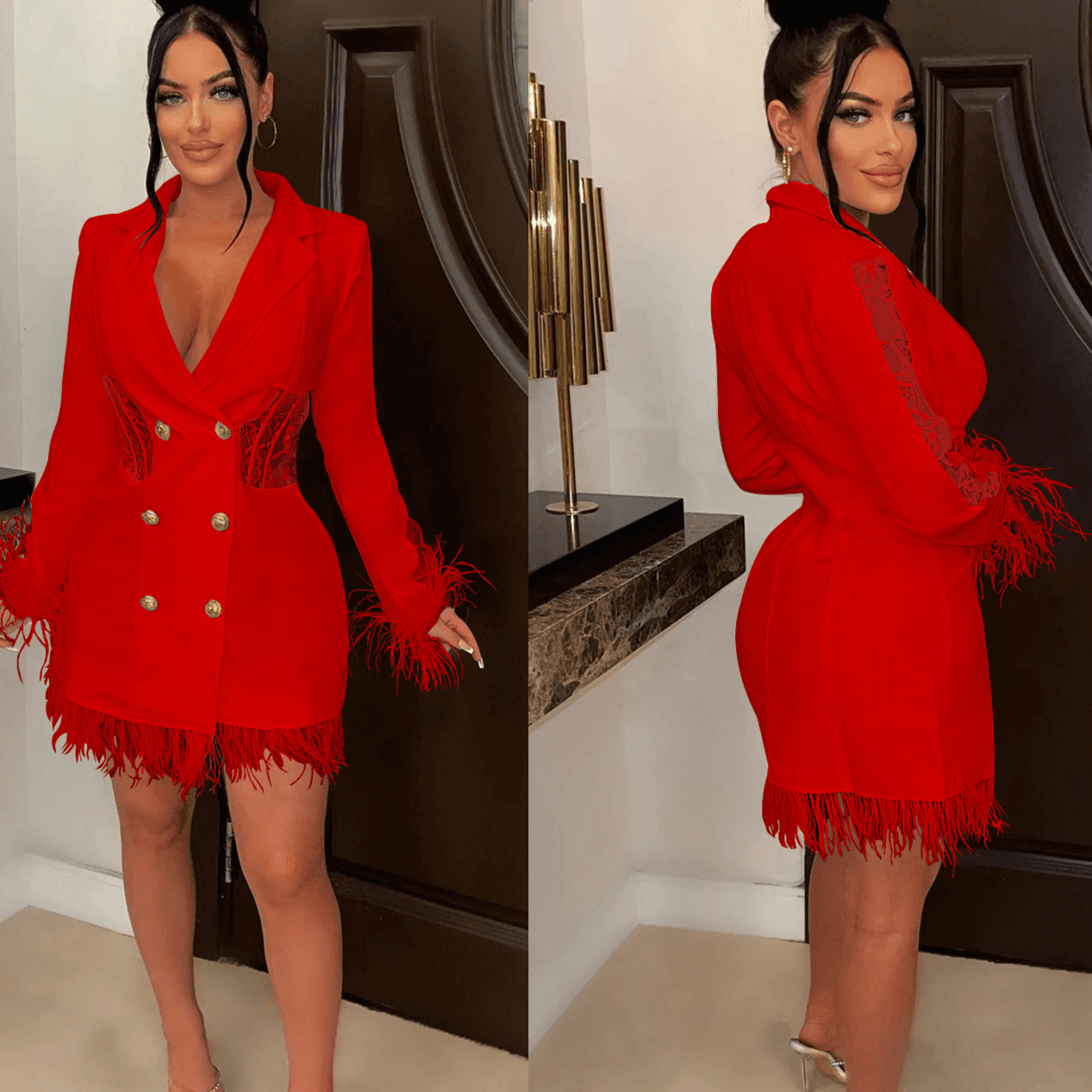 Women's Clothing V Neck Long Sleeved Double Breasted Tassel Hollow Dress