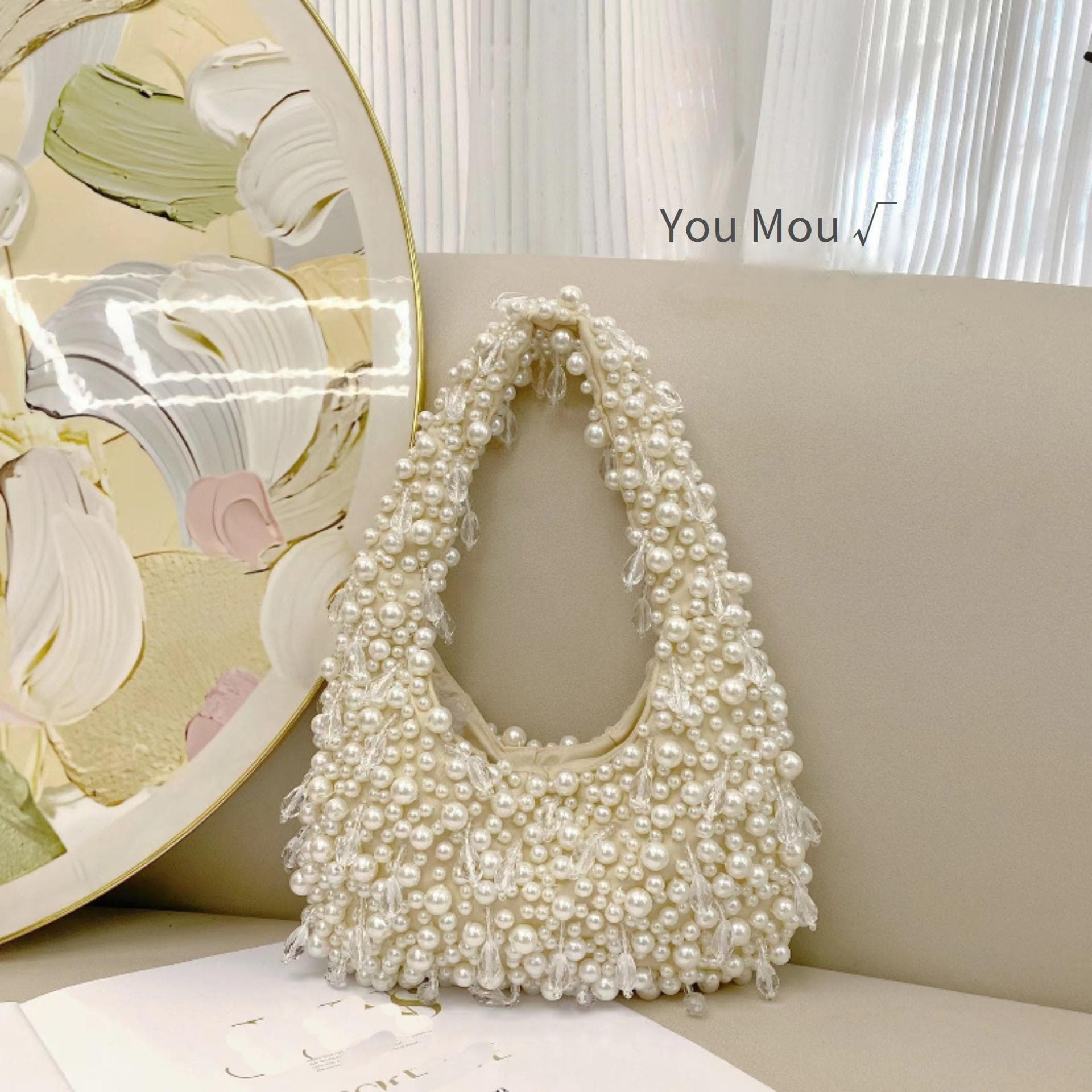 Women's Pearl-Embellished Shoulder Bag - Elegant & Versatile Crossbody Purse With Crystal Beadwork Small Designer Handbag For Daily Use​​