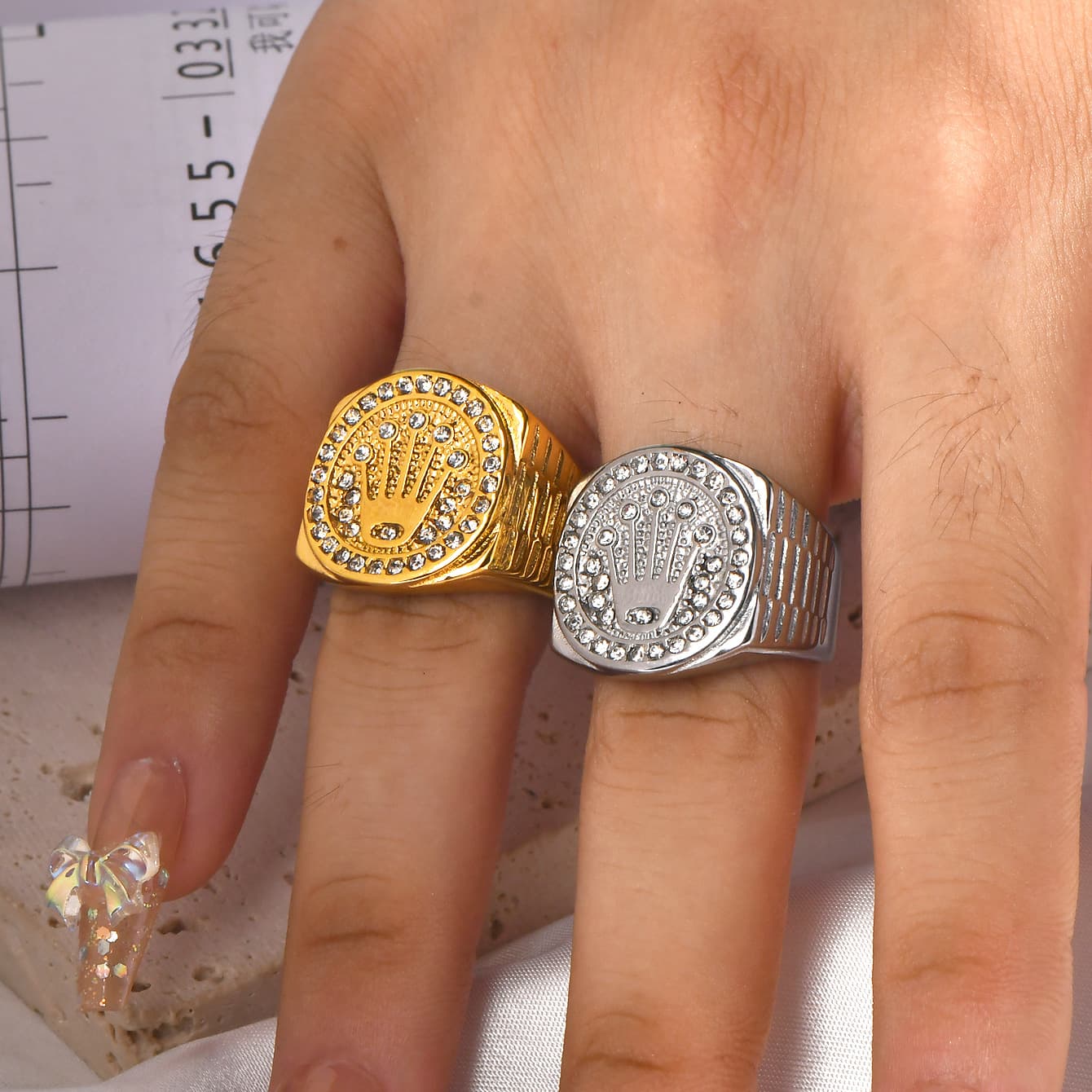 European And American New Style Stainless Crown Three Bead Hip Hop Nightclub Titanium Steel Men's Ring