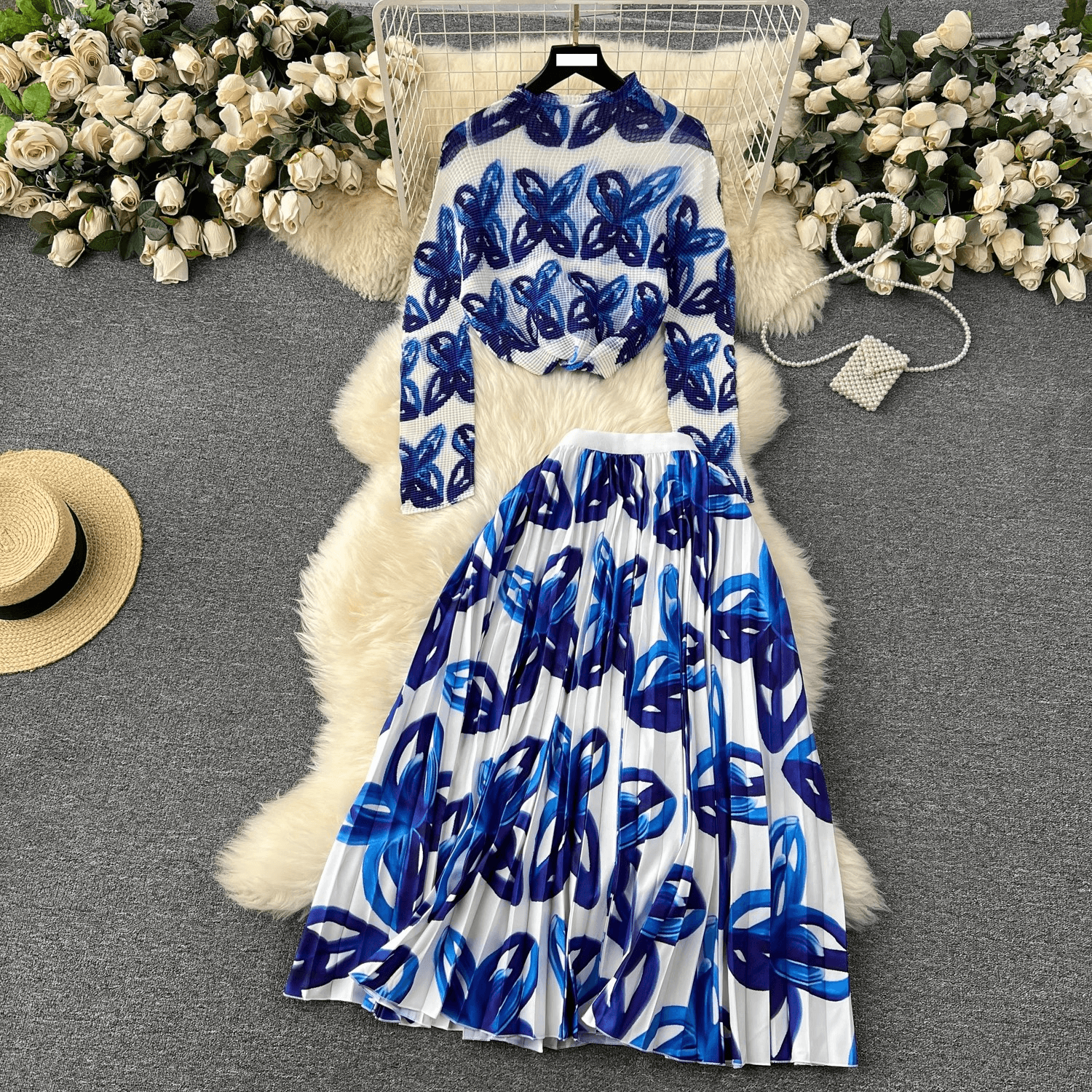 Women's Clothing Temperament two piece suit for women new style mature style high end long sleeved pleated top + high waist pleated skirt