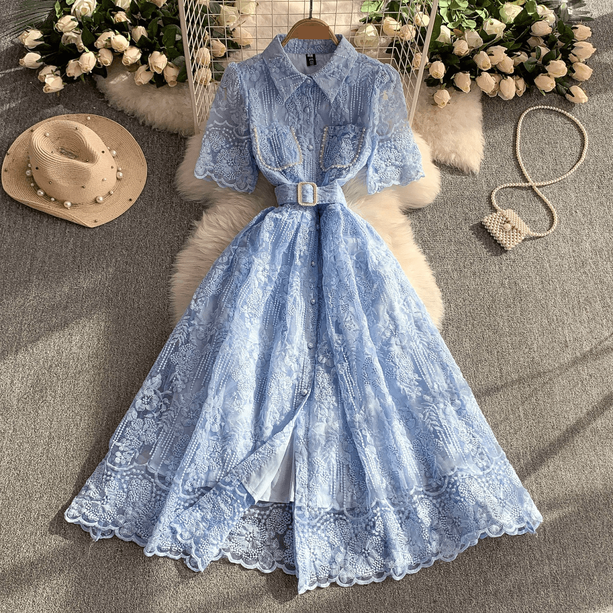 Women's Clothing Princess Style Heavy Lace Mesh Lapel Dress Single Breasted Waist Long Skirt