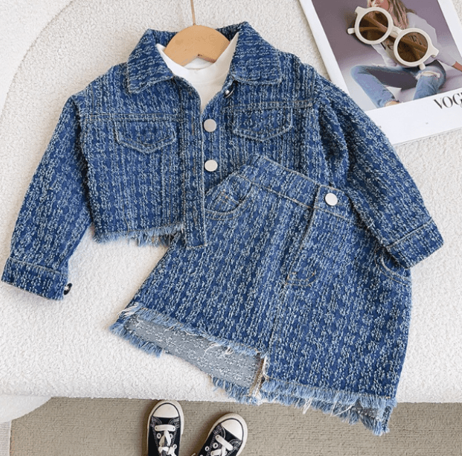 Mother & Kids Baby Girl Spring And Autumn College Style Long-sleeved Casual Suit 2024 Girl's Denim Jacket Short Skirt Two-piece Suit