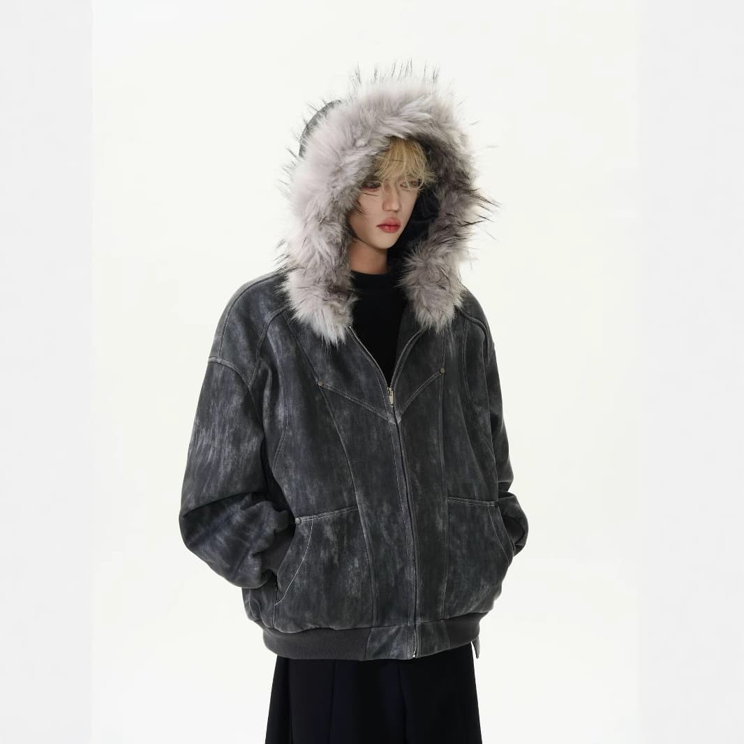Streetwear Mountain Eagle Hooded Puffer Jacket – Oversized Tie-Dye Winter Coat With Faux Fur Trim, Heavyweight Polyester Fill