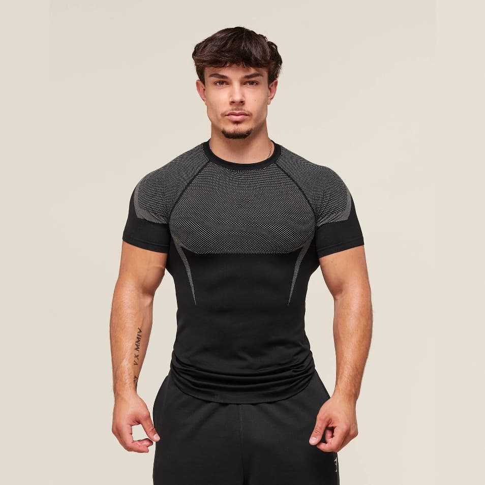Men's Clothing Men's Short Sleeve GYM Sports Fitness Running Training Suit Stretch Fashion Printed Round Neck T Shirt