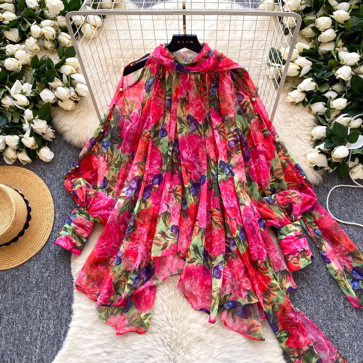 Women's French Romantic Style Floral Print Blouse Skin Friendly Breathable Long Sleeved Loose Fitting Slimming Bow Tie Cardigan Commuter Top