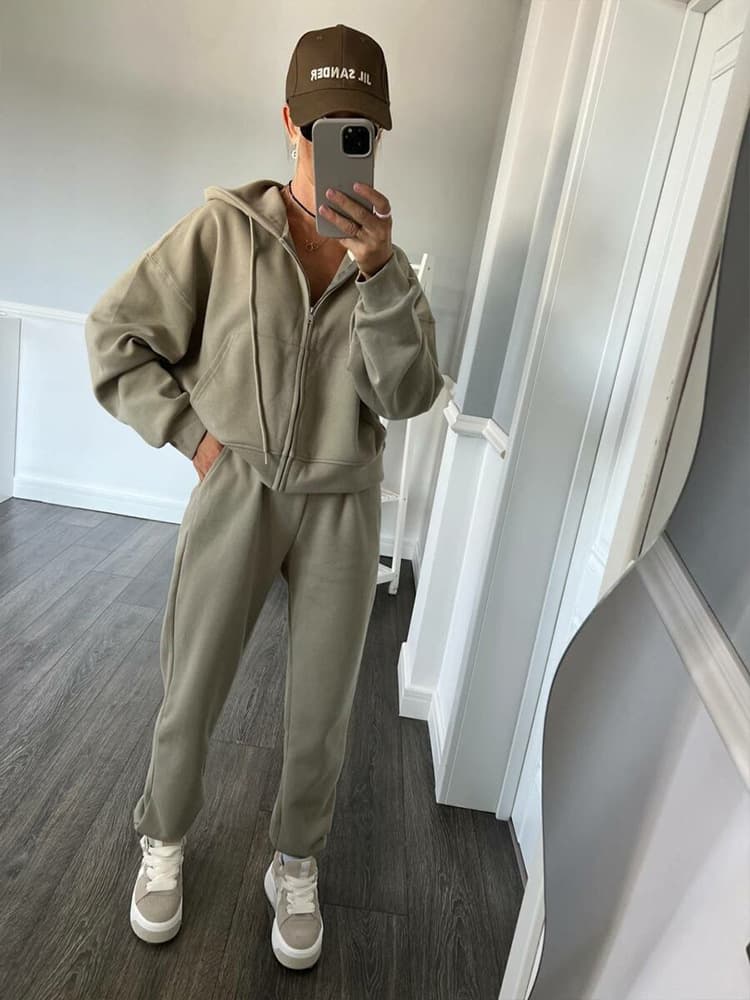 Women's Clothing Suit High Grade Zipper Solid Color Long Sleeve Hooded Sweater High Waist Straight Sports Casual Pants Women