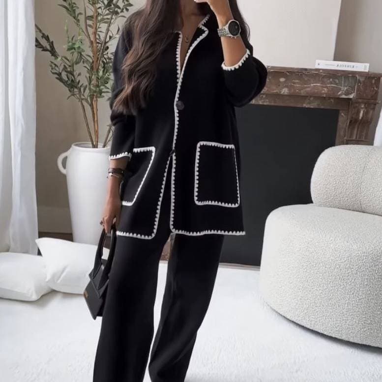 Women’S Casual Two-Piece Set – Long-Sleeve Top & Wide-Leg Pants (White, Black, Tangerine, Camel) | Comfortable Polyester Lounge & Work Wear