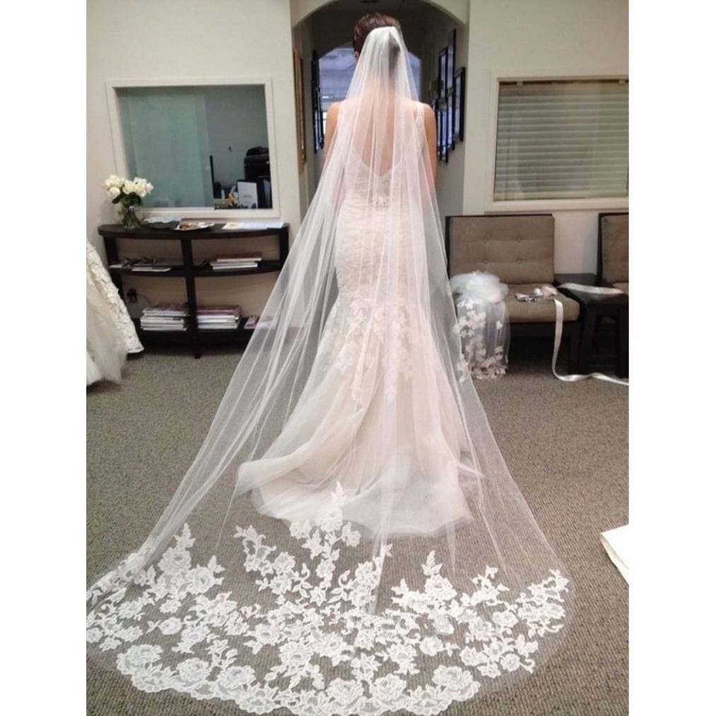 Women's Clothing Romantic Lace Appliqué Soft Tulle Bridal Veil 3 Meters Long Extra Long White Women's Wedding Party Wear