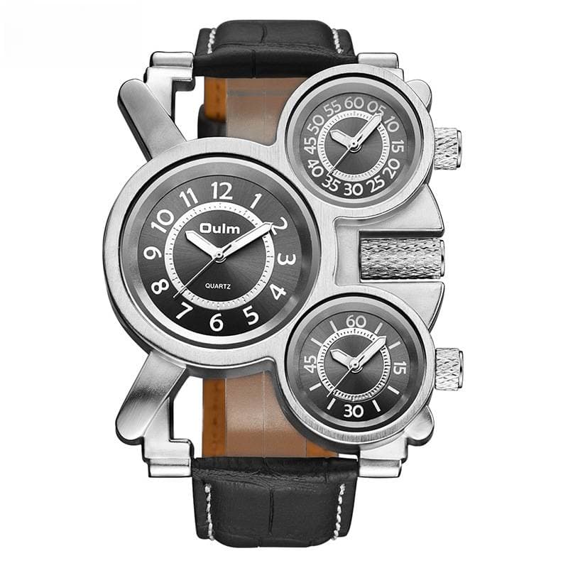 Men's quartz watch with irregular multi dial luminous hands, leather strap, sports watch