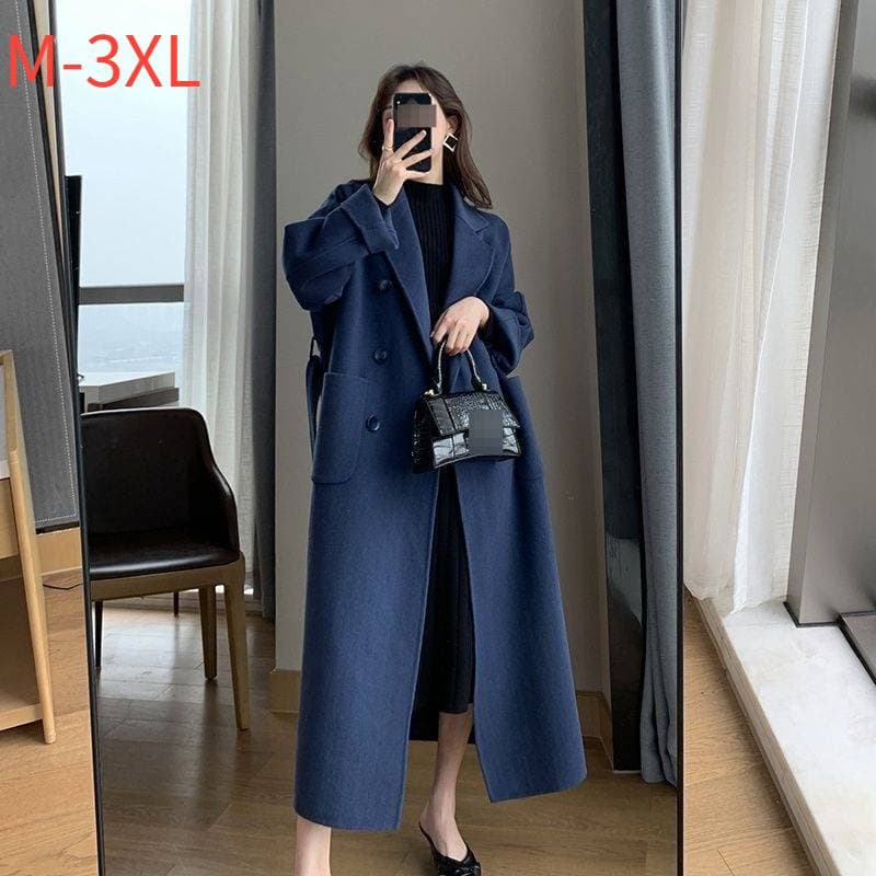 ​​Women's Plus Size Long Wool Coat With Belt, Oversized Trench Coat For Curvy Ladies, Warm Winter Overcoat In Navy & Black​​