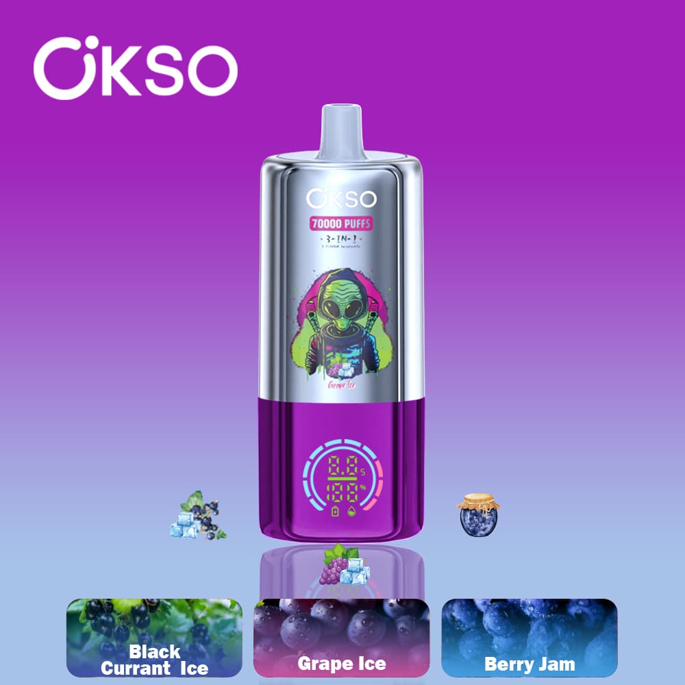 Vape 70K Triple Saveur OKSO 3EN-1 70000 Bouffées Dispositif de Vape Jetable 48ml E-Liquide Prérempli Écran Type-C Support de Cigarette Rotatif Vap