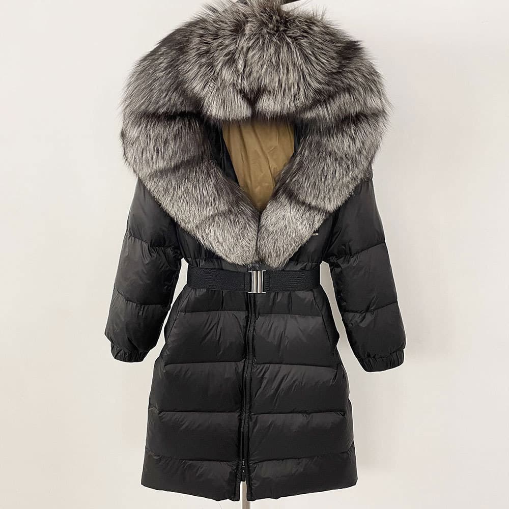 Women's Clothing New Winter Hot Style Women's Long Waist Hooded Real Fox Fur Collar Fur Down Jacket