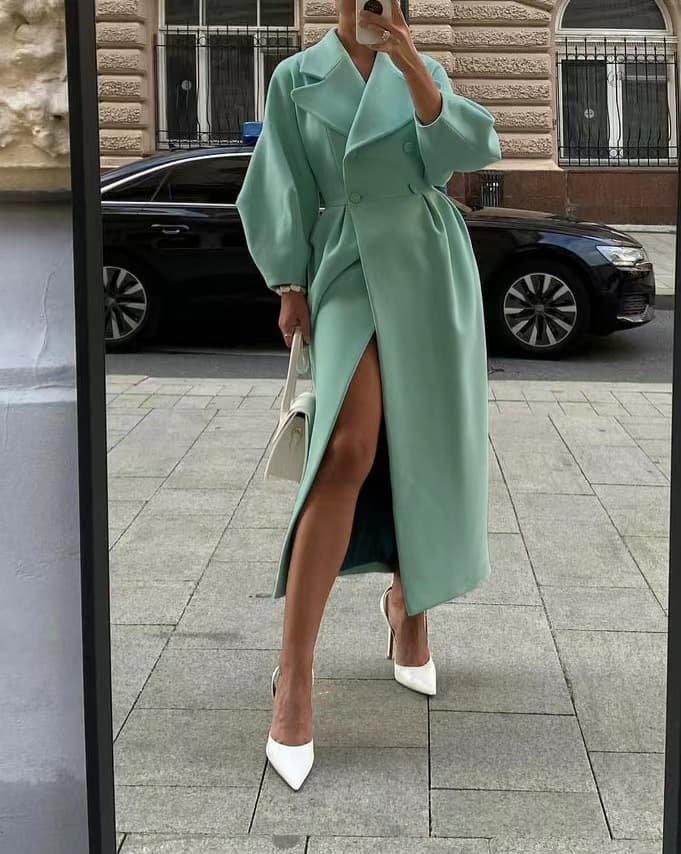 Elegant Vintage-Inspired Long Coat For Women - Autumn Winter Belted Double Breasted Lantern Sleeve Wool Blend Trench Coat