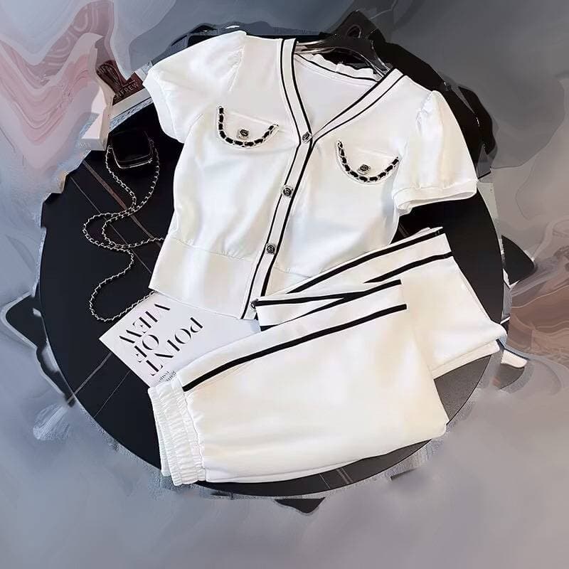 Women's Clothing Fashion Sports Suit For Women Summer New Salt Series Age Reducing Cardigan Short Sleeved Wide Leg Pants Two Piece Suit
