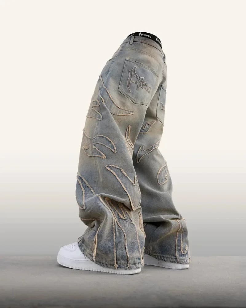 Men's Clothing Retro Flame Stitching Wide Leg Jeans Y2k Hip Hop Punk Raw Edge Embroidery Jeans