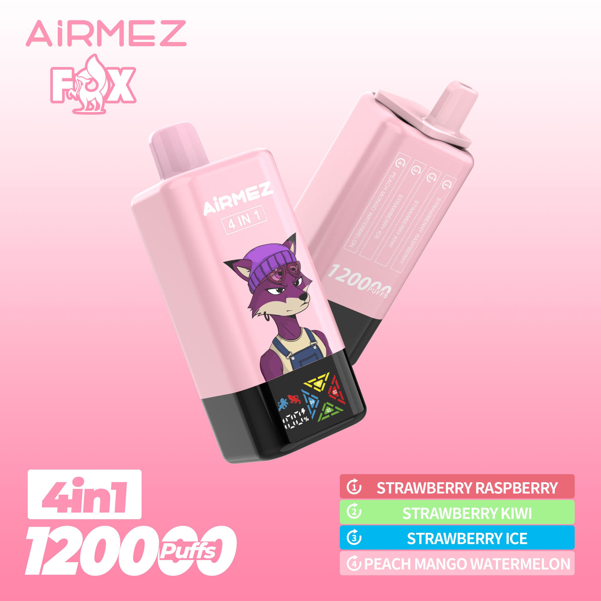 Airmez Fox 120K bouffées, 4 saveurs en 1, nouvelle cigarette électronique rechargeable originale avec écran LCD, jetable, entrepôt UE