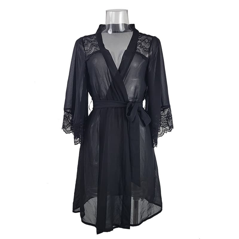 Women's Clothing Sexy Pajamas Chiffon Lace Splicing See Through Nightgown Temptation Ladies Cardigan Robe