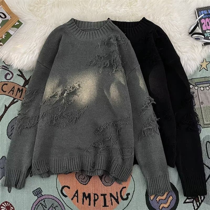 Men's Clothing Autumn and Winter Ripped Sweater Men's Loose Japanese Retro Casual Hem Ribbed Knitted Sweater Sweater Jacket Outerwear