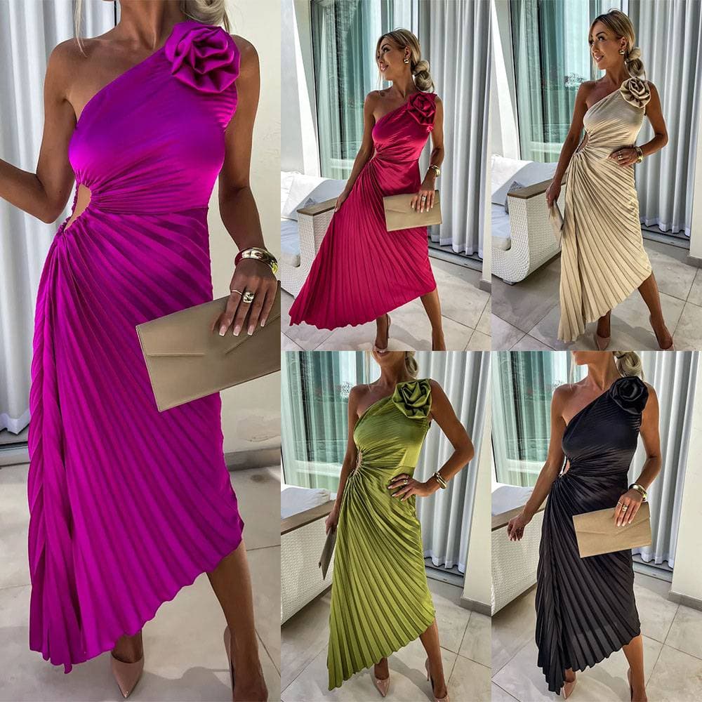 Women's Clothing solid color dress fashion sexy oblique shoulder pleated hollow dress
