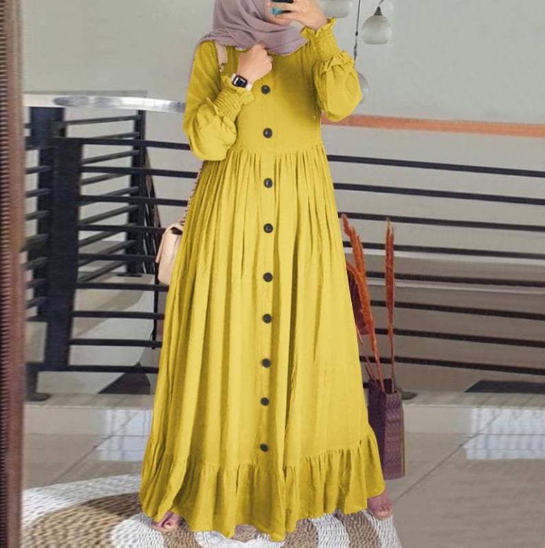 Spring And Autumn New Muslim Cotton And Linen Literary Retro Leisure Loose Large Size Round Neck Ruffle Dress
