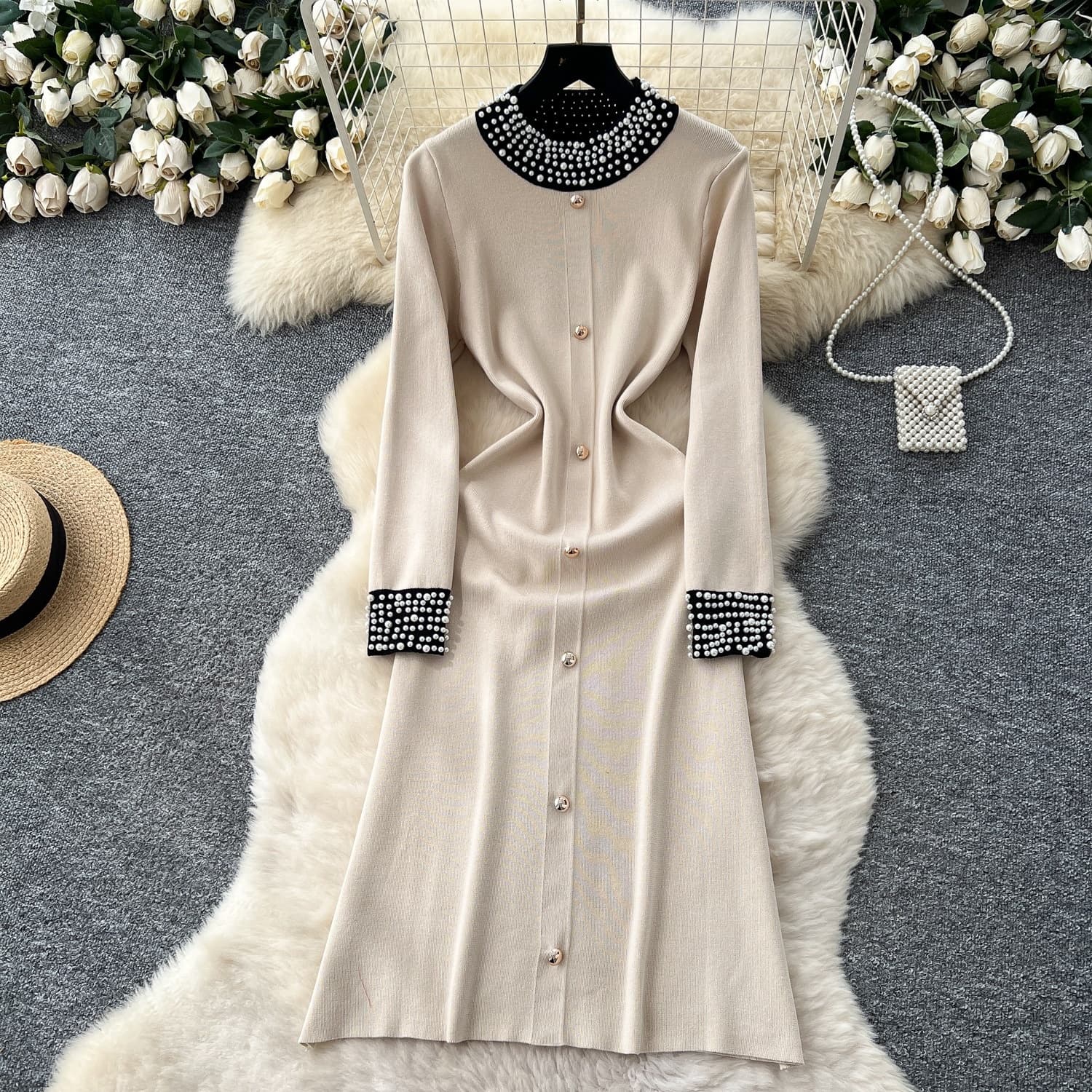​​Elegant Beaded Knit Dress – Long Sleeve, High-Neck & Waist-Defining Fit For Luxe Winter Style​​