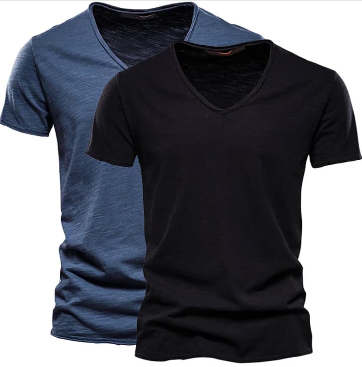 Man's Clothing 2 Pieces Summer Men's Solid Color Bamboo Slotted Cotton V-neck Short-sleeved T-shirt Pure Cotton Men