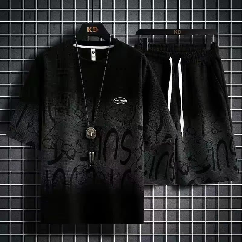 Men's Summer Waffle Suit Trendy Tie-dye Five-point Sleeve Loose Fit Fashion Casual T-shirt Set In Multiple Colors