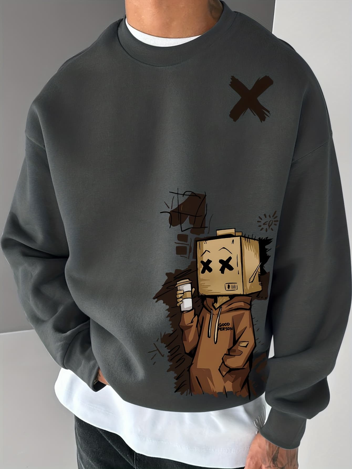 Men's Loose Casual Fashionable Fun Cardboard Printed Round Neck Long Sleeved Pullover Hoodie Suitable For Autumn And Winter Wear