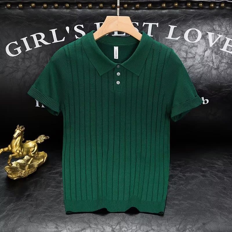 Men's Clothing retro lapel knitted short sleeved T shirt men's summer new style ice silk thin solid color large size bottoming shirt top