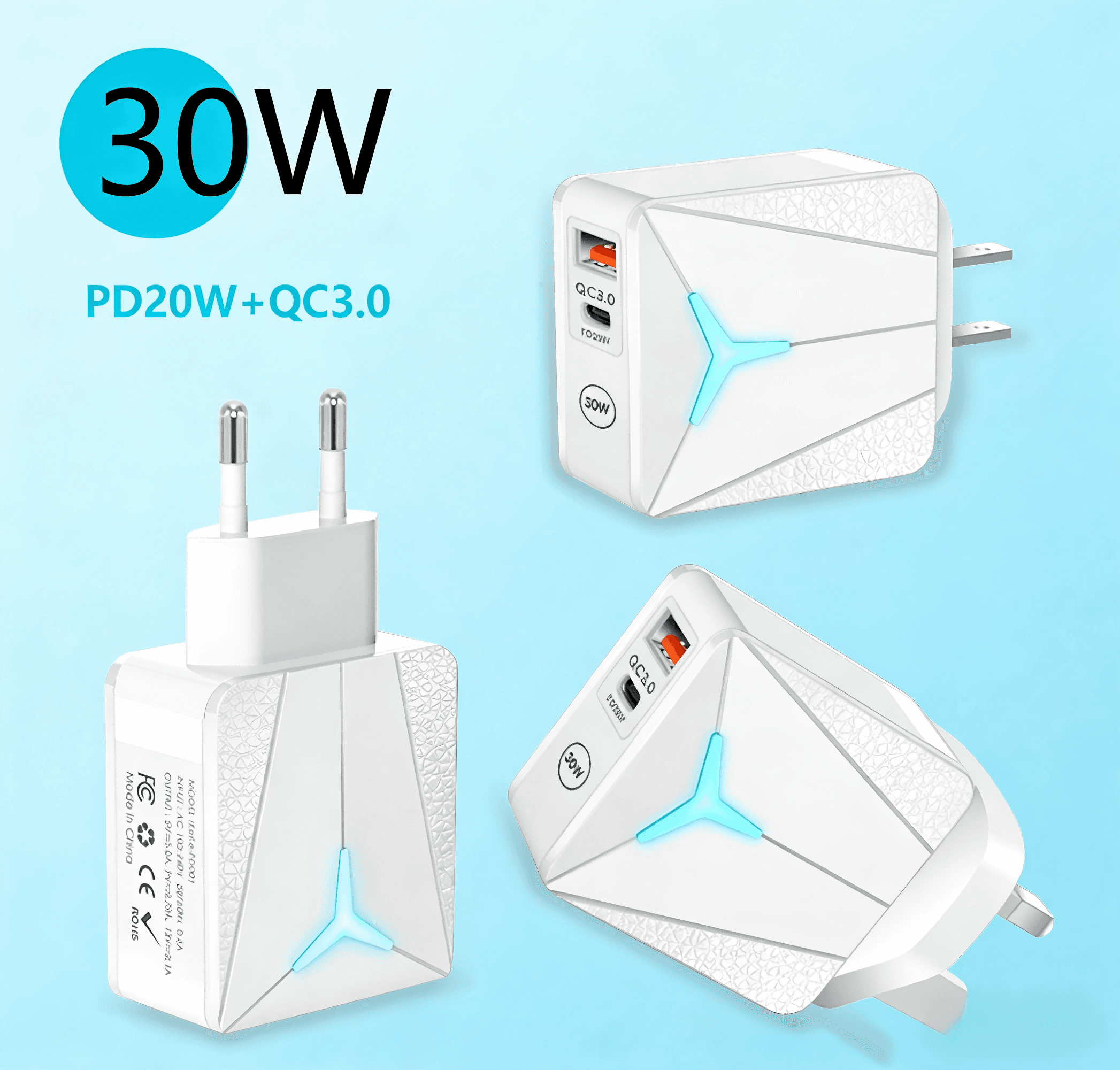 30W PD Fast Charger With Triangle LED, Dual Port PD+USB Wall Charger, Cool US/EU/UK Plug Power Adapter For IPhone 17 Pro Max