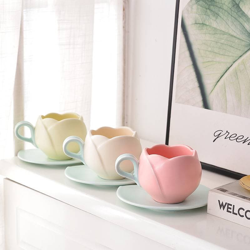 Retro Tulip Coffee Cup High Value Exquisite Flower Mug Cup Afternoon Tea Ceramic Cup And Saucer Set