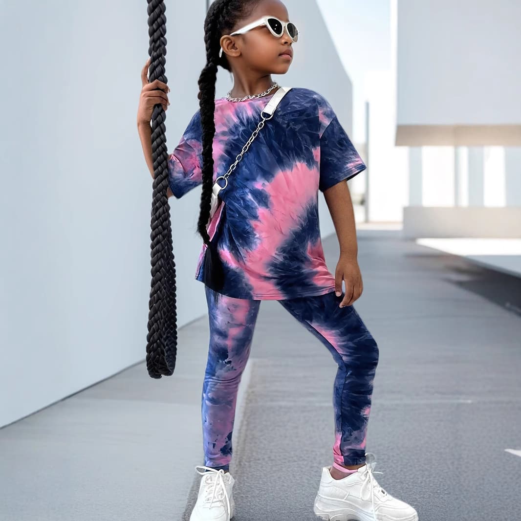 Mother & Kids INS Girls Summer Suit Tie Dye Full Print Short Sleeved 2 Piece Suit Fashion Casual Trousers Suit