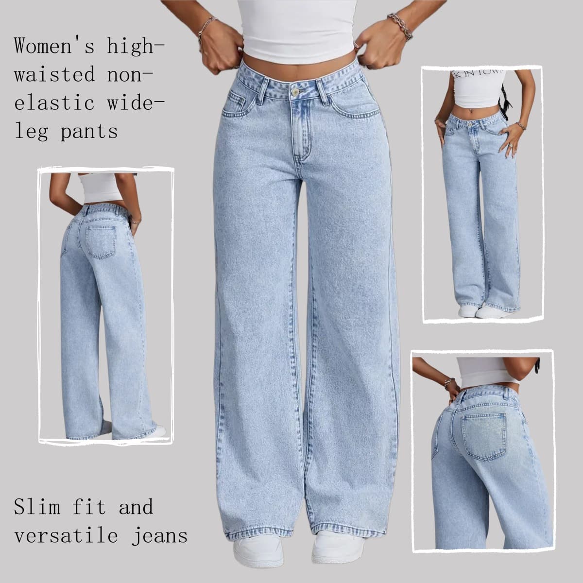Women's Clothing High-Waisted Wide - Classic Light Blue Denim Pants With Flowy Fit, Comfortable Cotton Blend Fabric For Casual & Streetwear Outfits