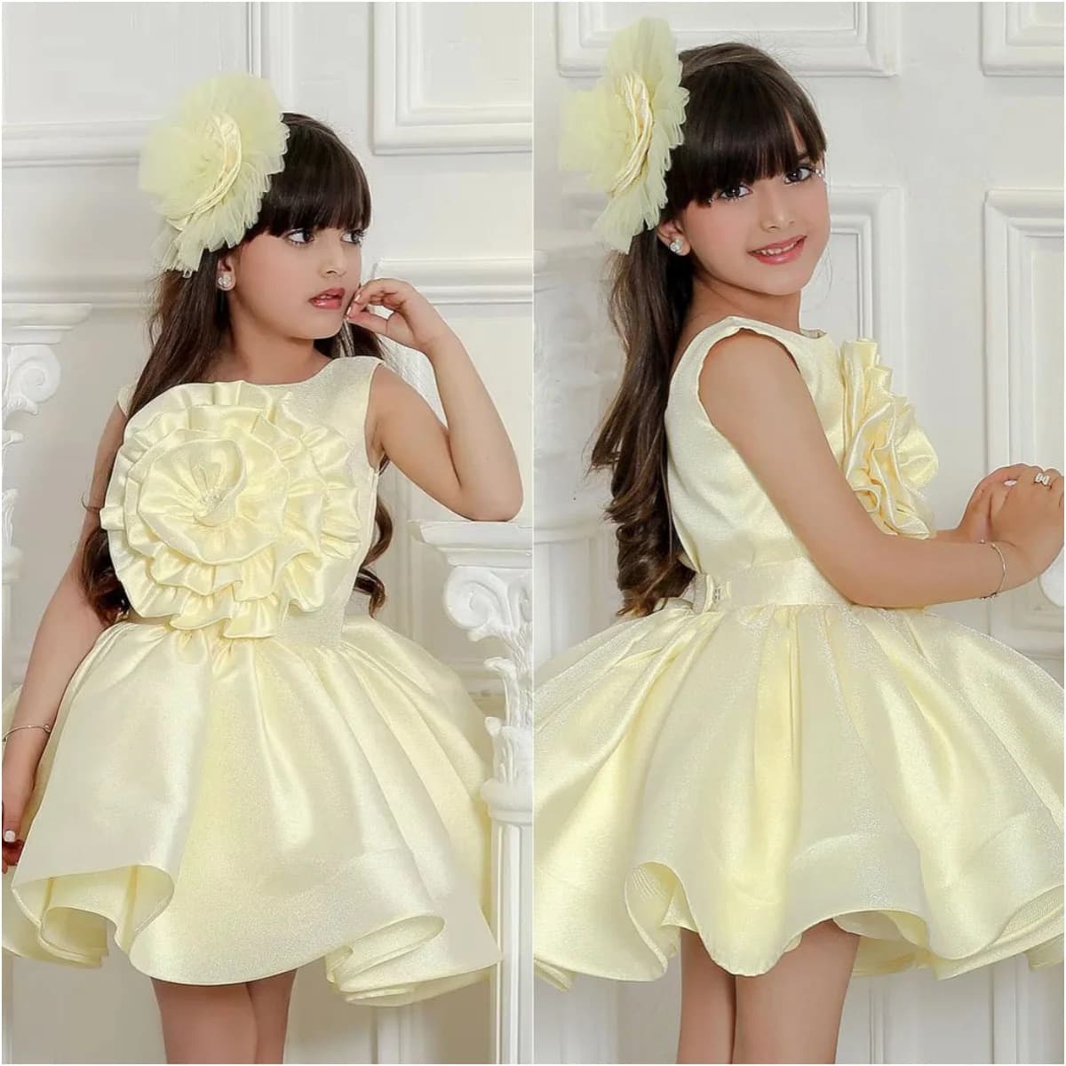 Little Girl's Light Yellow 3D Floral Sleeveless Birthday Princess Dress Fashionable Party Dress for Ages 3-8