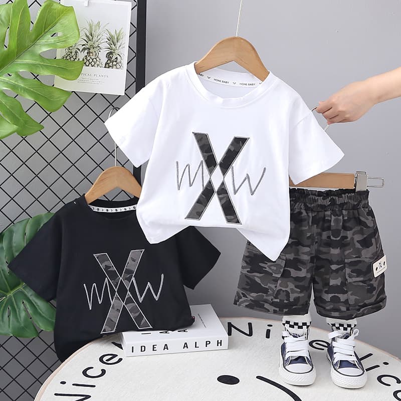Embroidered Letter Short Sleeve Set 1-2-5 Years Old Baby Infant Clothes Boys Summer Outfit Stylish