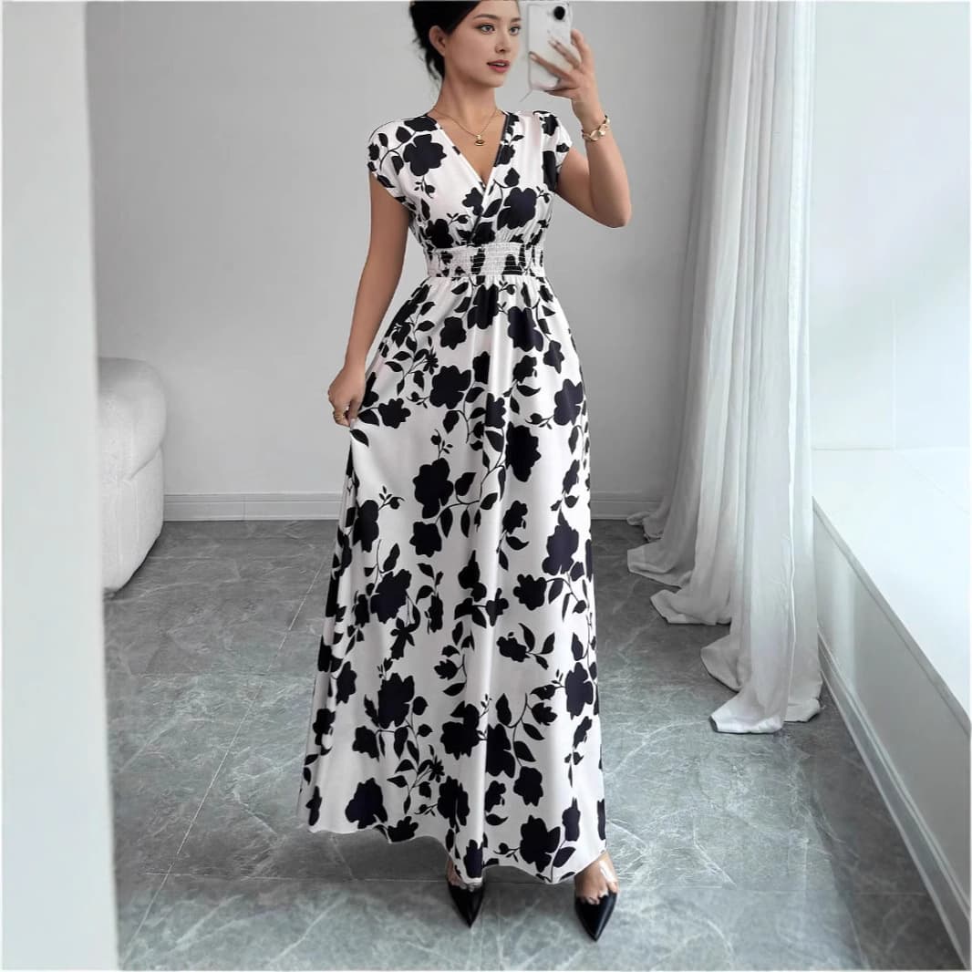 Robe trapèze élégante à imprimé floral, col en V et ceinture nouée - Robe longue décontractée d'été pour femme