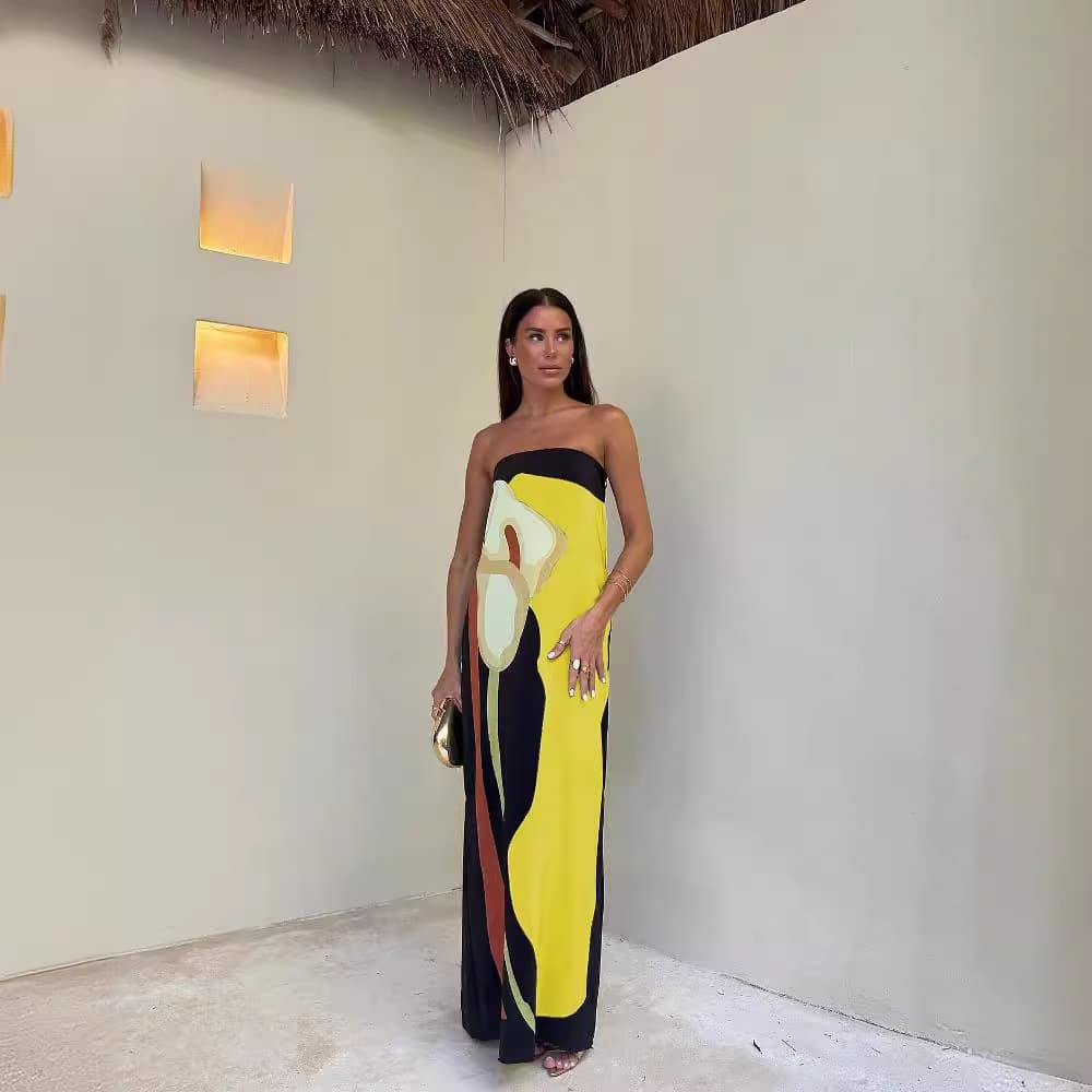 2024 New Summer Sexy Backless Wrapped Chest Print Slim Fit Sleeveless Long Dress