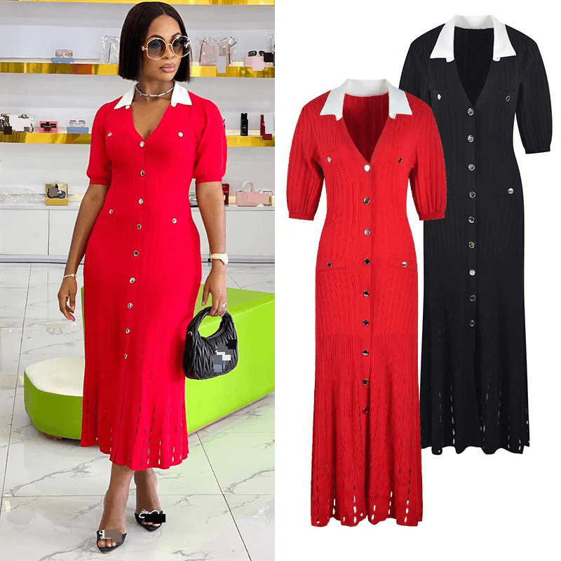 Women's Clothing Spring and summer new fashion ins style French elegant lapel contrast color slim hollow short sleeve knitted long skirt dress