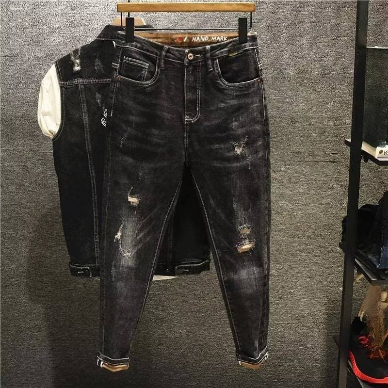 Men's Clothing Autumn Skinny Jeans Men's Black Nine Point Pants Ripped Patches Retro Trendy Men's Pants Casual Ins