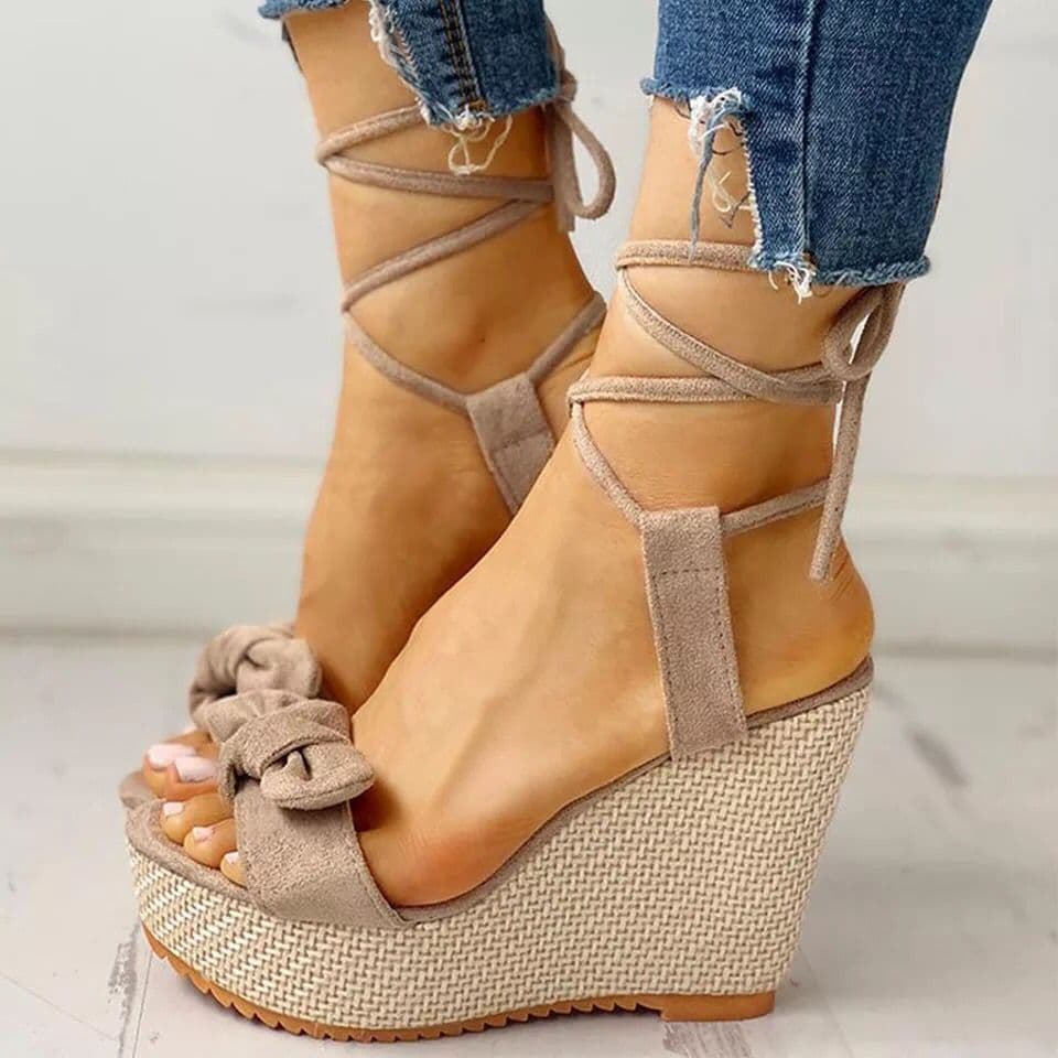 Wedge Rope Thick Sole High Heels Women's Sandals New Denim Bow Waterproof Table Fish Mouth Back Empty Sandals